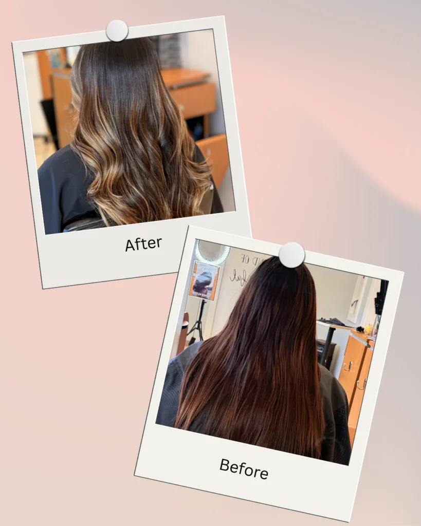Balayage before and after result at Barclay's Salon